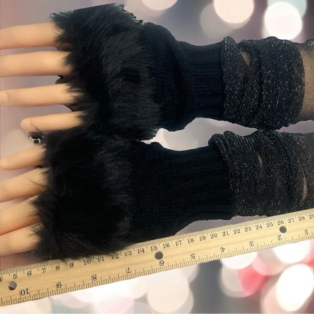 SXY l Custom Set l Elegant Black Arm Sleeves (Sheer) Fuzzy Fingerless Gloves New